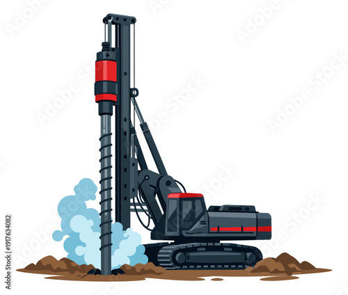 Flat illustration of a pile driver depicting drilling into the ground for heavy construction