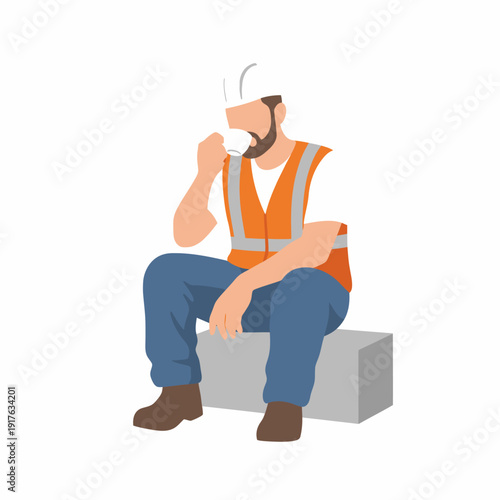 Construction worker in safety vest and hard hat taking a coffee break, sitting on a block.