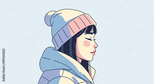 Young woman in winter hat and jacket with eyes closed.