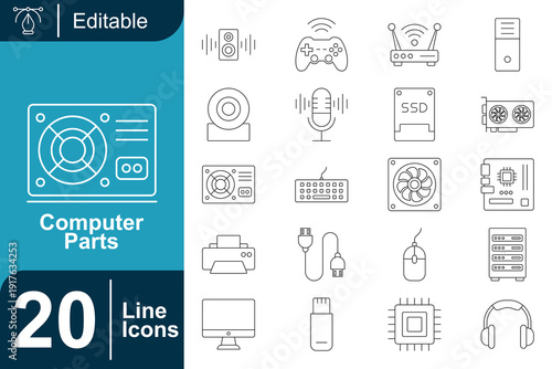 Computer Parts and Accessories for Gaming, Work, and Home Use - High-Quality Line Icons for Editable Designs