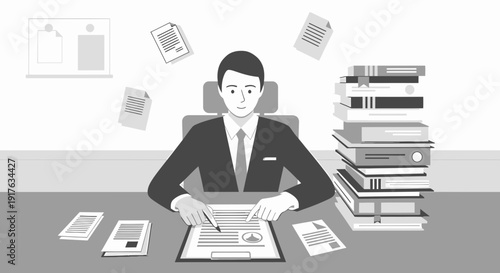 Businessman working at desk with stack of documents and books, busy office work