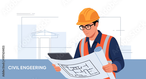 Civil Engineer man with blueprints and hard hat, planning construction project
