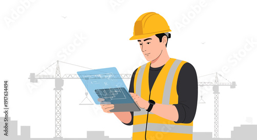 Construction worker in hard hat and vest reviewing holographic blueprint on tablet