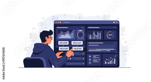 Data analysis dashboard with charts and graphs, person interacting with interface
