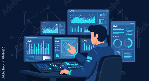 Data Analyst Working with Futuristic Digital Dashboard and Charts on Multiple Screens