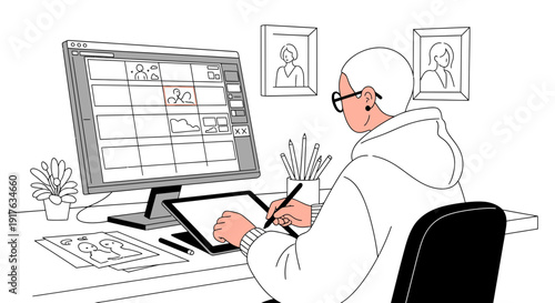 Digital artist working on computer with drawing tablet, creative workspace