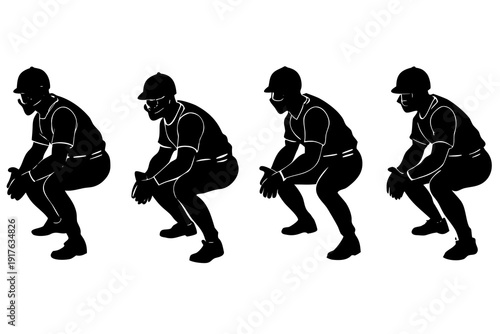 set of Baseball Defensive Player Crouching Silhouette Clipart