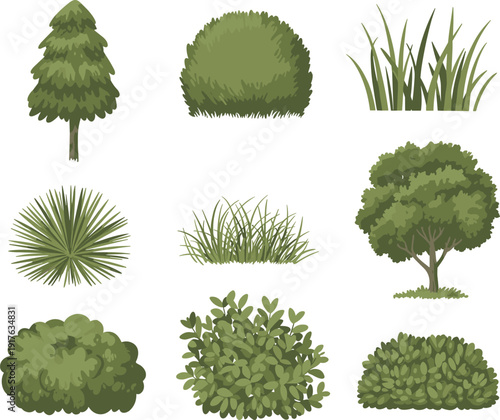Hand drawn green bushes and trees set, natural foliage elements, garden plants, forest vegetation, landscape design illustration collection