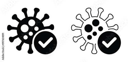 Virus icons with checkmark approval symbol. Modern line icons set of health protection, immunity, medical safety, antivirus, and quality assurance shields concepts.