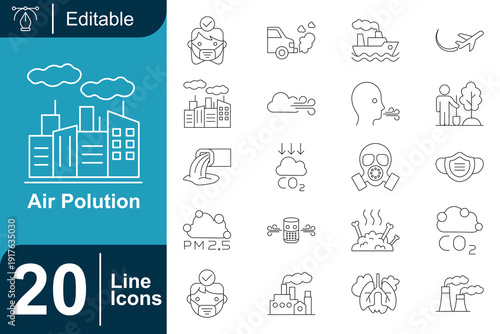 Air pollution and environmental impact line icons set, including smog, factories, and health concerns affecting people