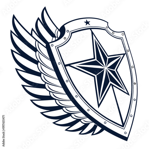 logo of a shield with a star in the center, clean bold line art, balanced symmetry, modern security emblem style