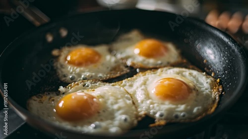 Fried eggs in a black pan on the stove sunny side up