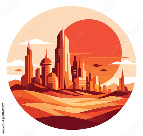 Modern flat design illustration of a futuristic cityscape depicting alien architecture and flying vehicles under a red sun for science fiction content