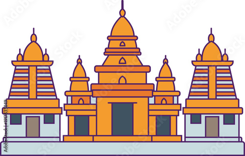 Traditional Hindu temple vector illustration with multiple golden spires and light blue bases. Depicts a sacred place of worship and cultural heritage, isolated on a white background.