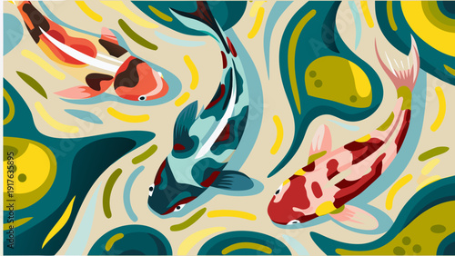 Vibrant koi fish swim in swirling abstract aquatic pattern with colorful wavy lines and shapes