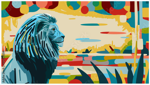 Stylized lion silhouette with geometric mane in colorful abstract landscape with vibrant hues and shapes