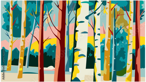 Vibrant stylized forest landscape with geometric trees in colorful hues at sunset illustration