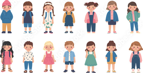 Cute diverse children characters collection, smiling multicultural kids set isolated on white background flat vector illustration