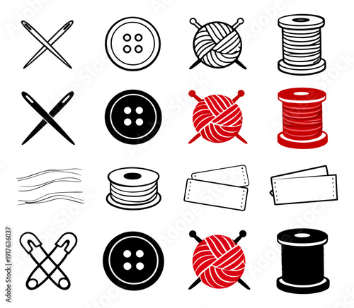 Hand drawn sewing and knitting supplies set featuring needles, buttons, yarn, and spools for crafting projects