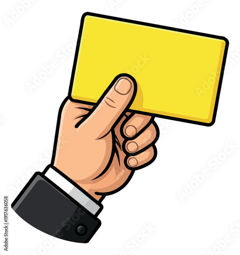 Hand drawn illustration of a hand holding a yellow card depicting a warning for sports and business