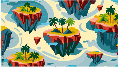 Vibrant surreal floating islands with lush tropical plants and palm trees in a dreamy abstract landscape