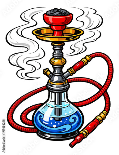 Graphic illustration of a traditional hookah depicting smoke and burning coals for lounge culture