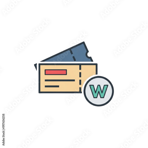 Ticket stub with letter W icon beside a card with a red label and blue top