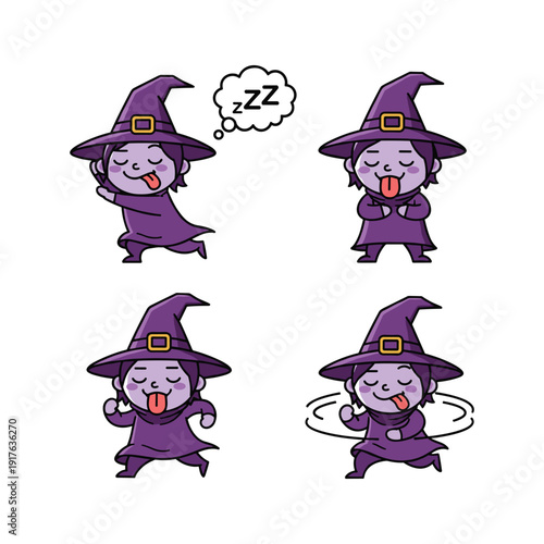 Cartoon witch character yawning and sleeping in different poses with purple costume