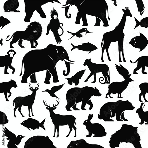 Seamless Pattern of Diverse Wild Animals Silhouettes on White Background.