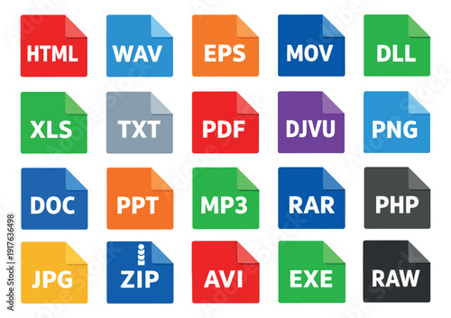 Colorful flat design file format icons set featuring various digital document and media file types for digital data and technology solutions