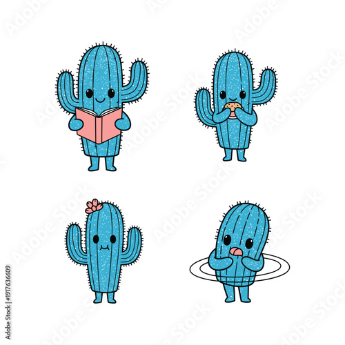 Cute cartoon cacti set with different emotions and activities on white background