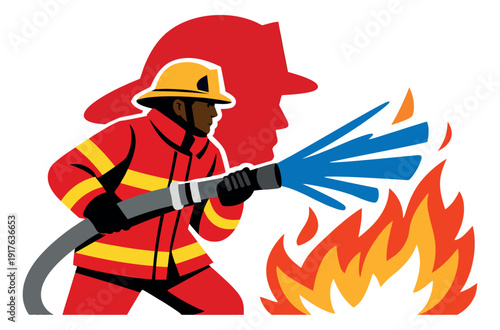 Stylized illustration of a firefighter depicting extinguishing a fire with a hose for emergency services