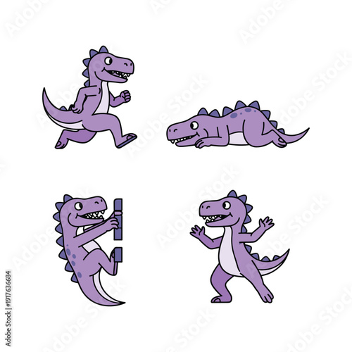 Purple cartoon dinosaurs in various poses on white background with copy space