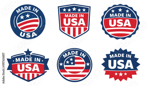 Patriotic graphic badges set featuring made in USA text, stars and stripes for product branding