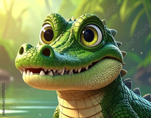 Cartoon green alligator, big bright eyes, friendly smile, jungle background, cute and rendered