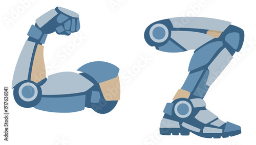 Flat illustration robotic limbs set featuring a bionic arm and a robotic leg for technology and enhancement concepts