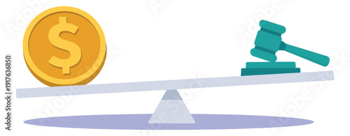 Flat graphic illustration of a dollar coin and judge's gavel depicting the balance between finance and law for legal and financial concepts