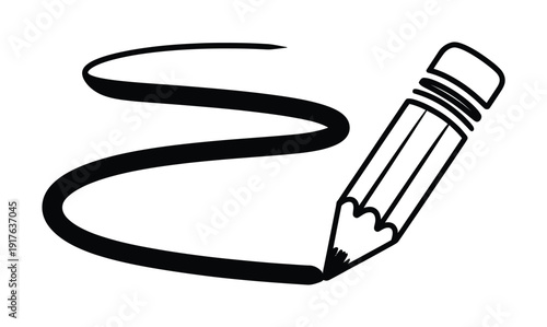 A black pencil a wavy line on a white background