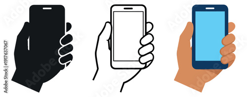 Mixed style mobile phone icon set featuring a hand holding a smartphone in silhouette, line art, and flat design for technology and communication