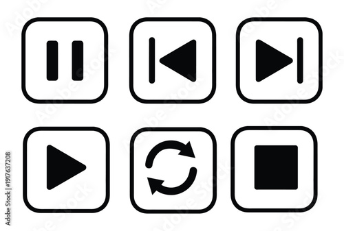 Black and white circular media control icons rewind pause play repeat fast forward rewind icon. Modern media control icons for digital interfaces and applications. 