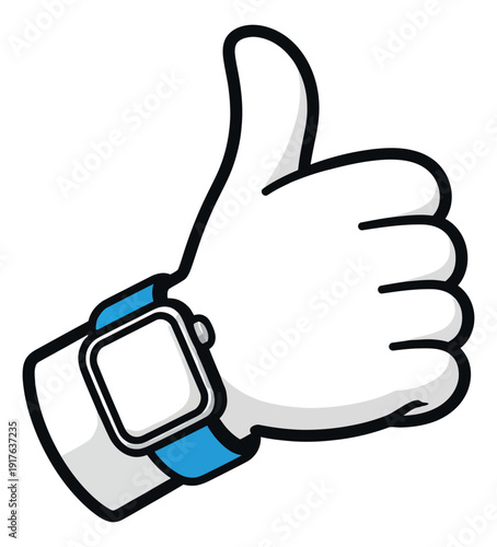 Hand drawn illustration of a hand wearing a smartwatch depicting a thumbs up gesture for approval