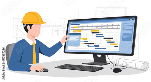 Engineer planning project timeline on computer with Gantt chart and blueprints