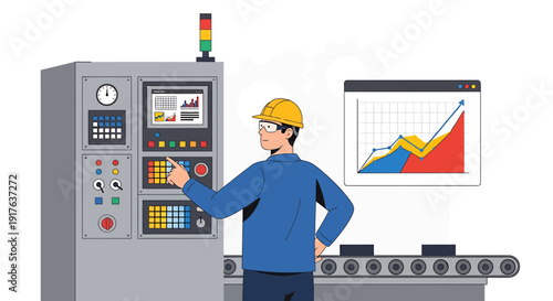 Factory worker operating industrial machine with data analytics display