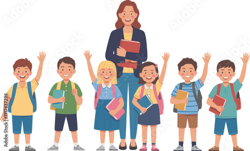 Happy school teacher with diverse elementary students, smiling children holding books and backpacks isolated on white background vector illustration
