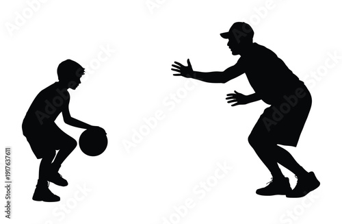 basketball player icon. Boy playing basketball with coach in defensive stance. A child plays with a ball black vector silhouette isolated on white background.