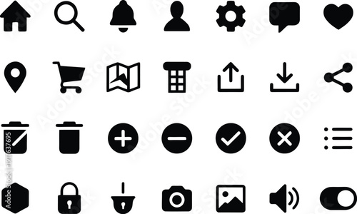 Set of 25 black line icons vector, business and web symbols