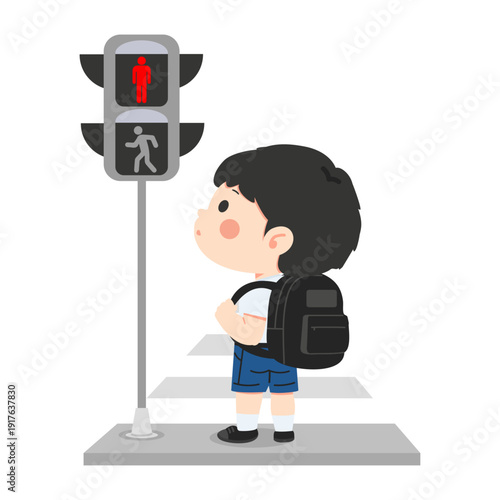 Child Waiting at Crosswalk for Green Light