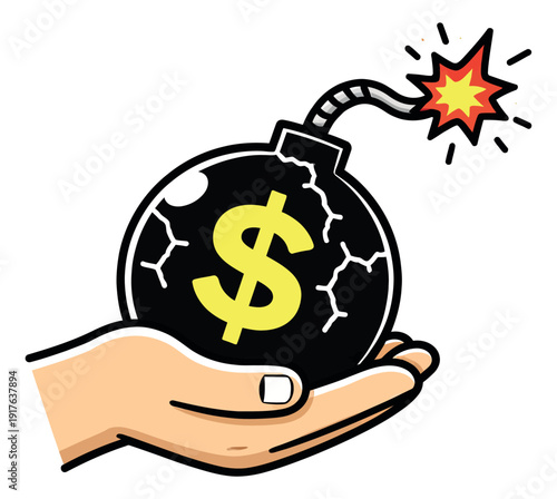 Hand drawn cartoon illustration of a hand holding a money bomb depicting financial risk and crisis for financial concepts