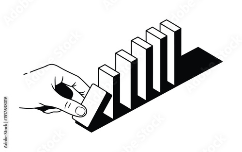 Hand placing a domino, initiating a chain reaction of falling blocks