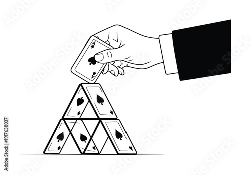 Hand building a precarious house of cards, ace of spades on